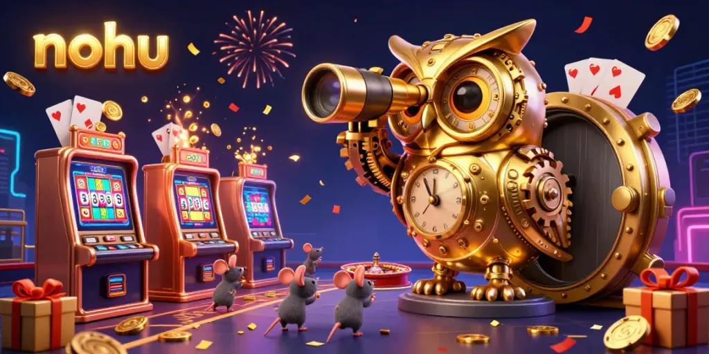 Experience thrilling gaming at nohu with dynamic slot machines and a golden owl overseeing the excitement.