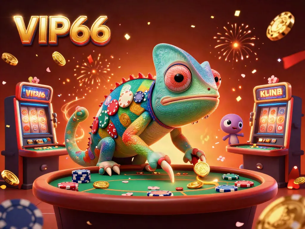 Engage in the exciting world of VIP66 with a vibrant casino illustration featuring a chameleon owner.