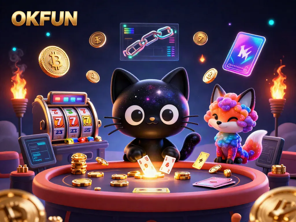 Enjoy thrilling gaming at OKFUN with a cosmic casino scene featuring vibrant characters and colorful slot symbols.