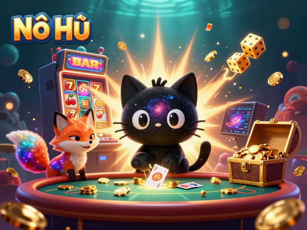 Nổ Hũ cat attracts casino chips and cards in a vibrant gaming scene