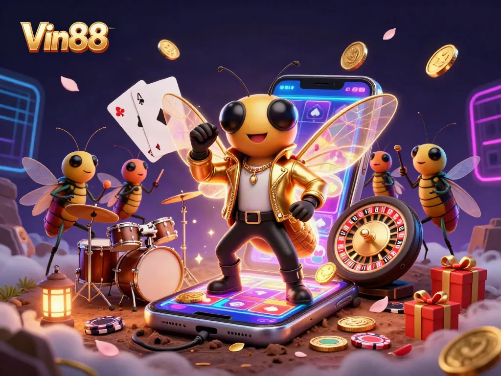 Experience thrilling gaming at Vin88 with a vibrant scene featuring a cicada rock star, live casino elements, and slot game excitement.