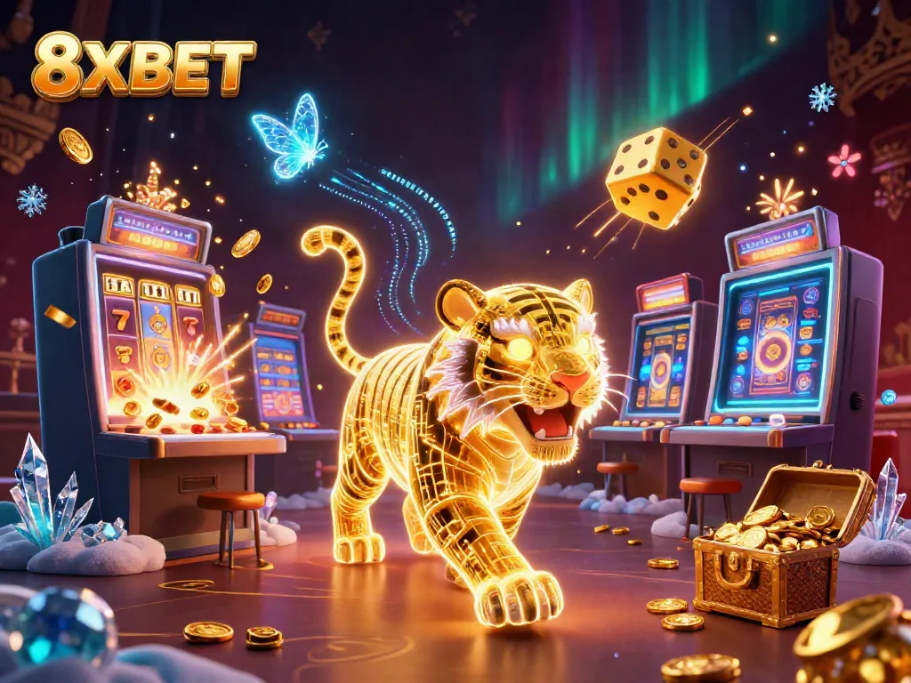 Experience thrilling gaming action at 8XBET with a neon-wireframe golden tiger amidst vibrant slot machines.