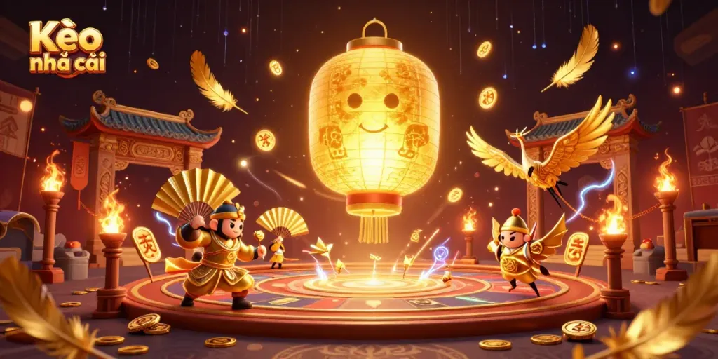 Engage in Kèo nhà cái with the glowing lantern spirit at a bustling casino scene