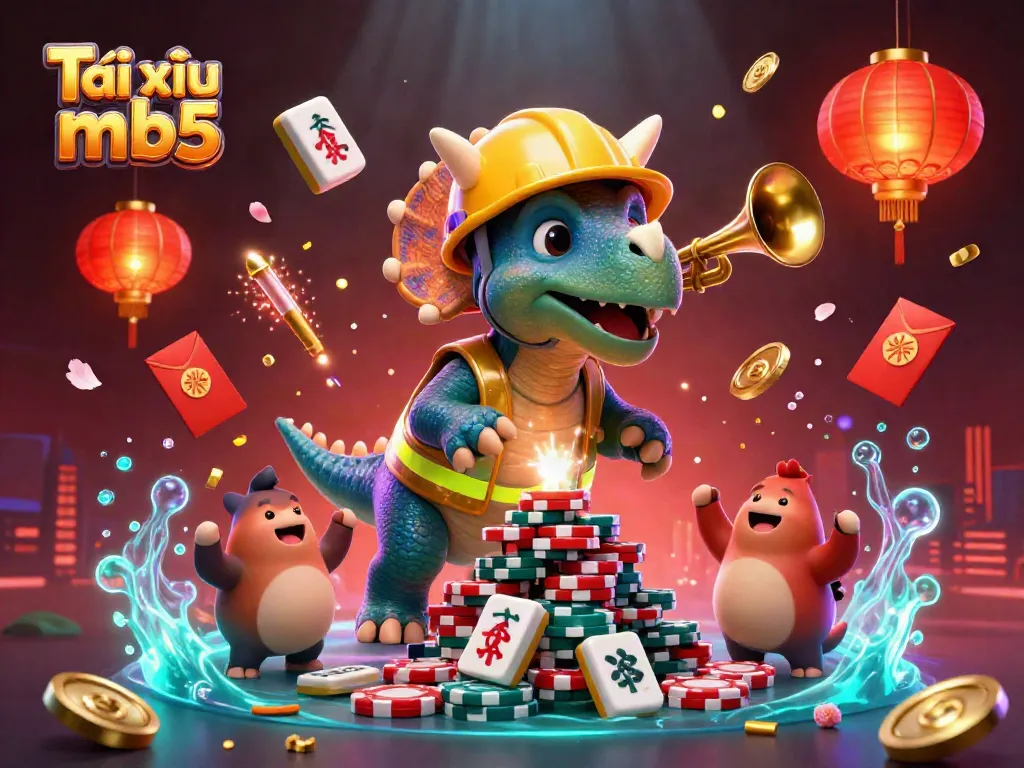 Tài xỉu mb5 game illustration featuring a cartoon triceratops and celebration elements in a vibrant casino setting.