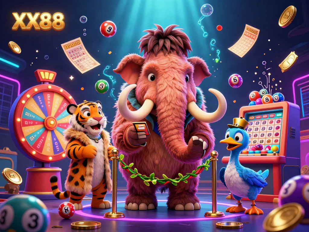 Engage in thrilling gaming at XX88 with a playful 3D bouncer and dynamic lottery elements in a vibrant casino.