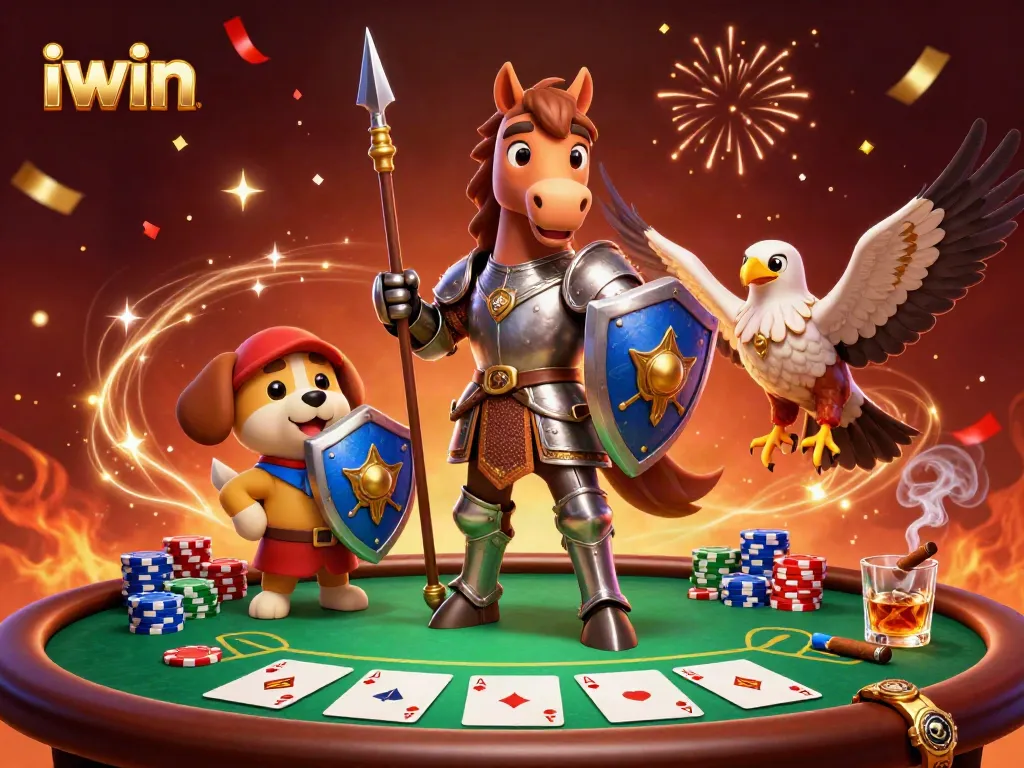 iwin showcases a knight, squire, and falcon in a rich gambling scene filled with poker elements.