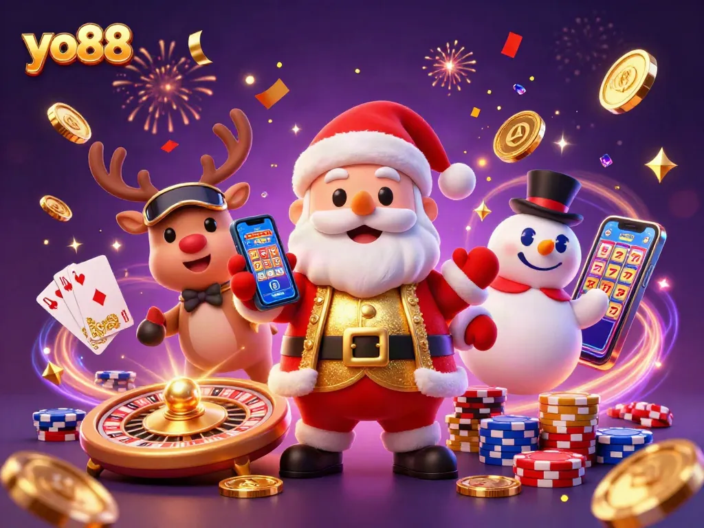 Join the fun at yo88 with Santa, his reindeer dealer, and a poker chip snowman in a vibrant casino scene!