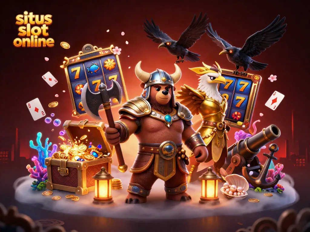 Experience thrilling adventures at situs slot online with Viking bear and Valkyrie eagle amidst dazzling slot elements.