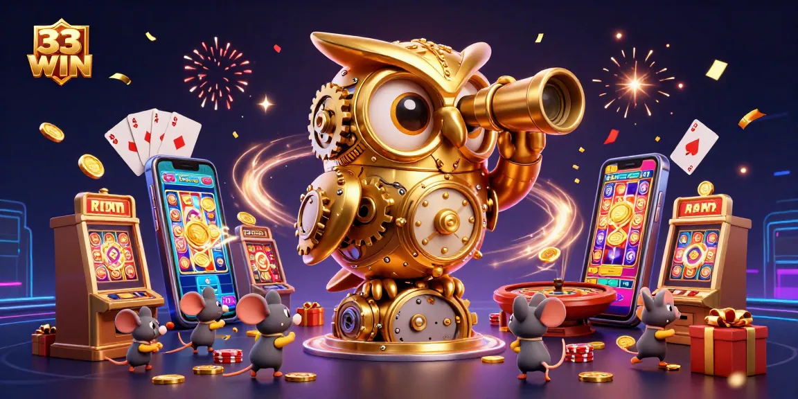 Engage with 33WIN’s vibrant casino scene featuring a detailed clockwork owl amidst iconic gaming symbols.