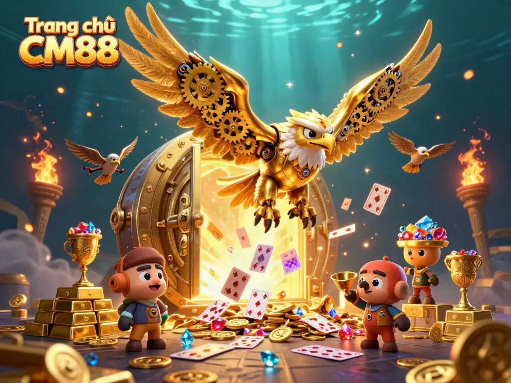 Experience the thrill of gaming with Trang chủ CM88, showcasing a 3D golden eagle soaring through a casino paradise.