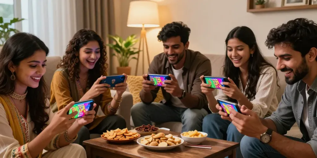 Friends joyfully playing 3 Patti No1 on smartphones in a cozy living room setting, highlighting the excitement of multiplayer gaming.