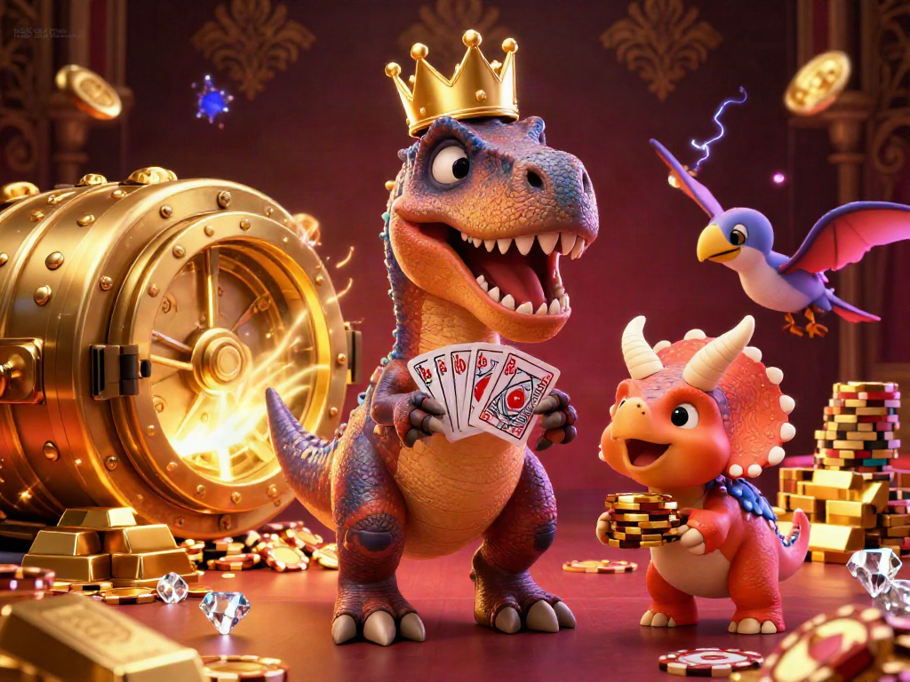 Experience thrilling action with Nhà cái F8bet, featuring a lively T-Rex in a crown shuffling cards in a vibrant casino setting.