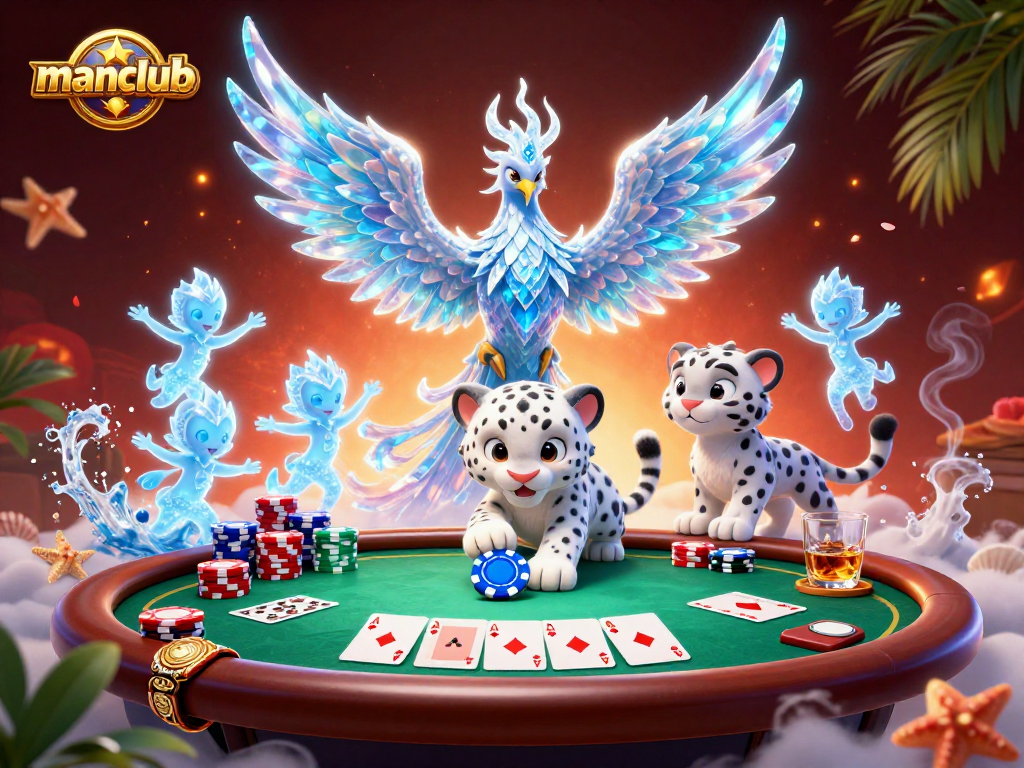 Engage in thrilling poker battles at manclub with a vibrant 3D casino scene showcasing unique characters.