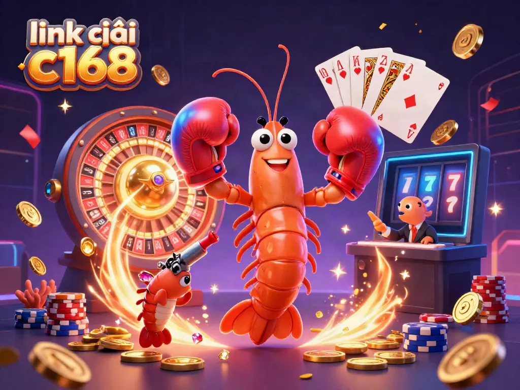 Engage with link vào c168 through an animated scene featuring a fierce mantis shrimp in boxing gloves, amidst slot machines and celebratory elements.