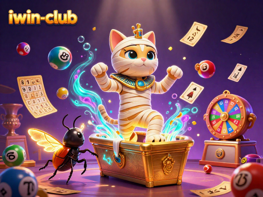 Experience the excitement of iwin-club with a vibrant 3D illustration of a mummy cat and casino elements.