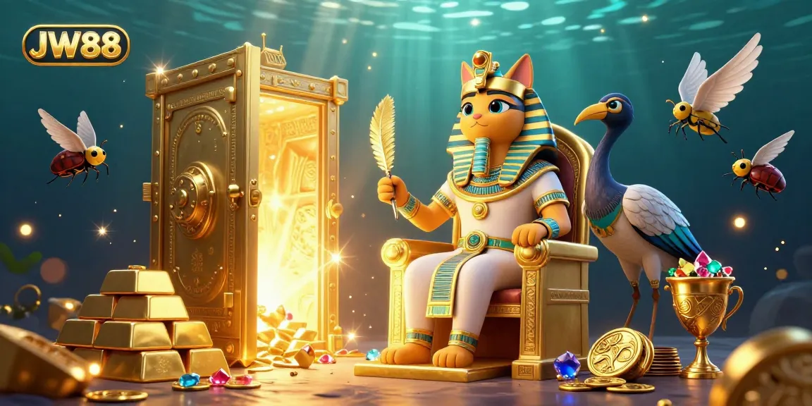 Experience thrilling games at JW88 with a lively 3D scene of an Egyptian pharaoh cat, gold treasures, and vibrant jewels.
