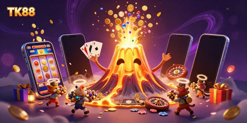 Experience the excitement of TK88 with a lively casino illustration featuring a golden volcano erupting treasures.