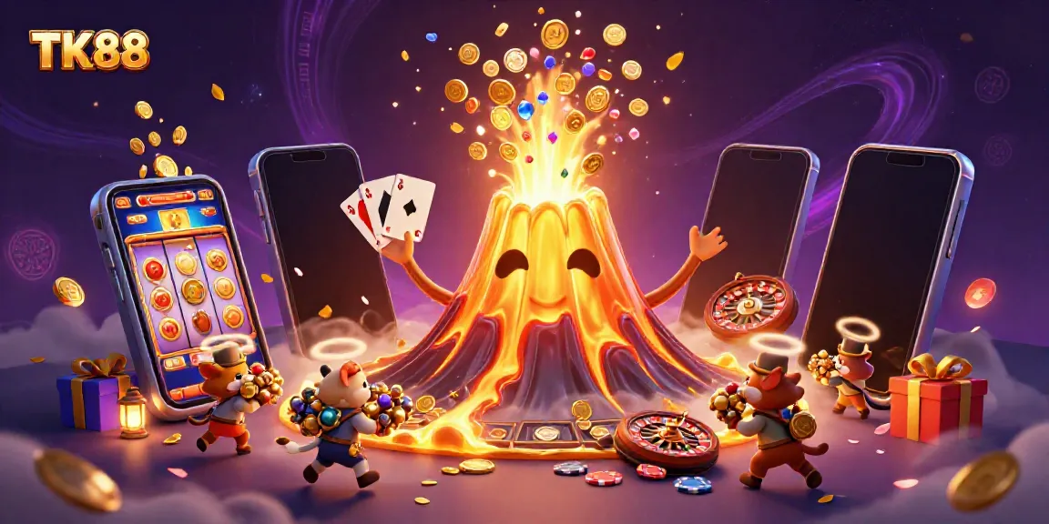 Experience the excitement of TK88 with a lively casino illustration featuring a golden volcano erupting treasures.