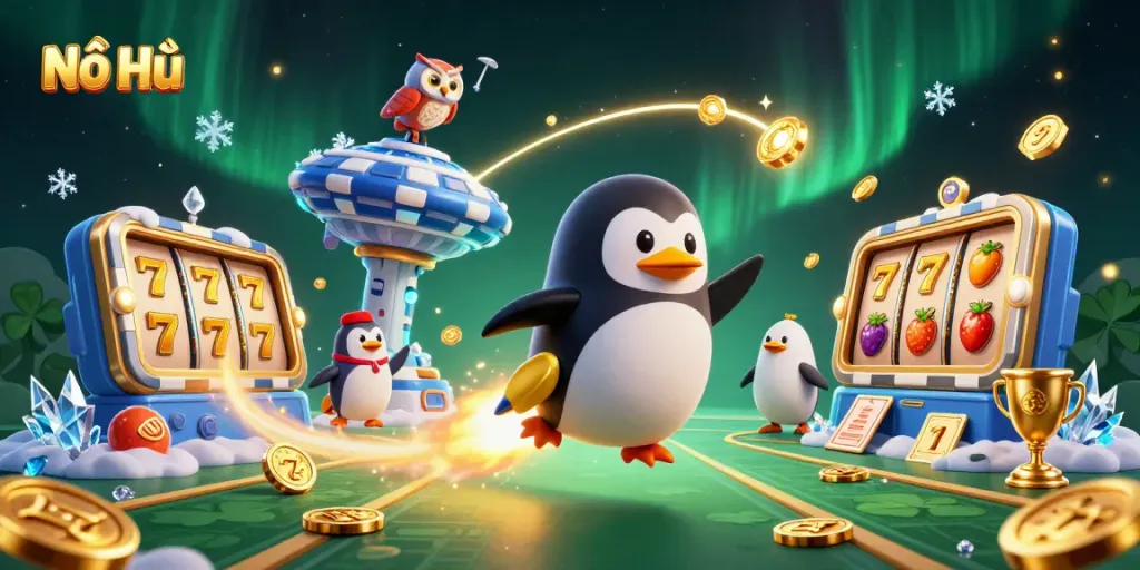 Nổ Hũ action scene with a golden penguin on a rocket towards a giant poker chip, filled with dynamic game elements.