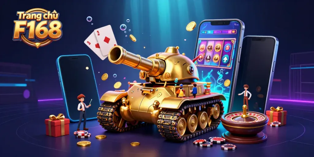 Engage and win at the Trang chủ F168 casino, featuring a vibrant animated scene with a miniature casino inside a golden beetle tank.