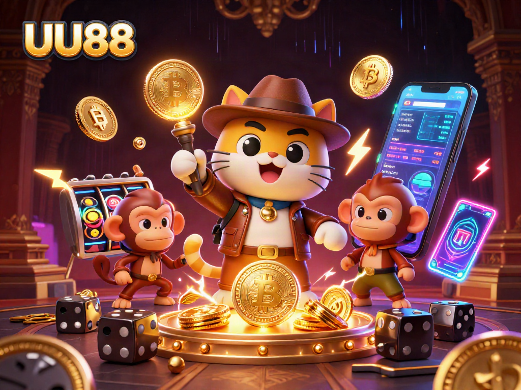 UU88 captures an archaeologist cat uncovering a casino artifact amidst digital crypto elements
