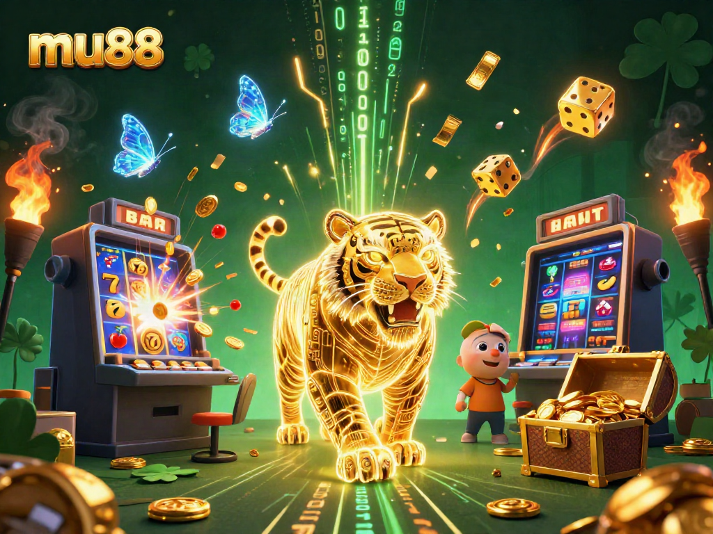 Experience excitement at mu88 casino with a golden tiger and jackpot slots in a vibrant digital landscape.