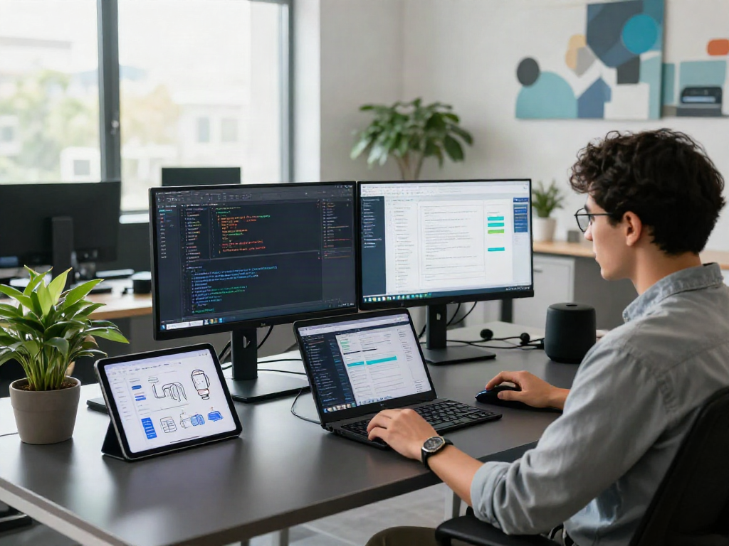 Programmer at a modern desk with dual monitors coding crushon ia applications, showcasing productivity and innovation.