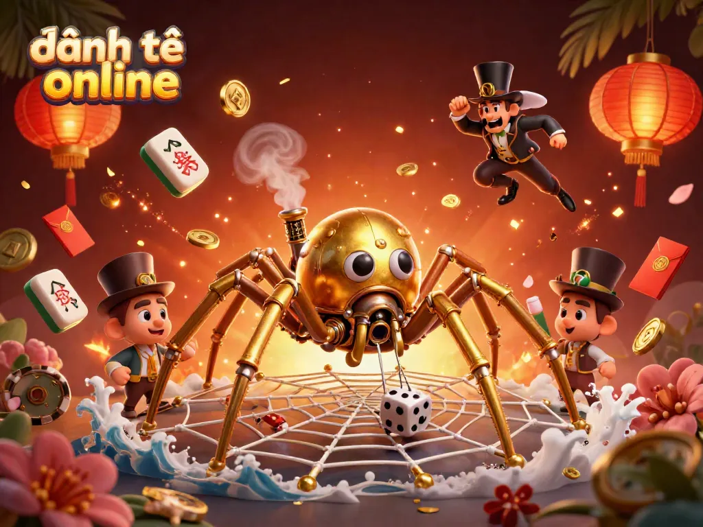 Engage in thrilling đánh đề online with a detailed illustration of a golden spider and fly gentleman in a vibrant steampunk casino atmosphere.