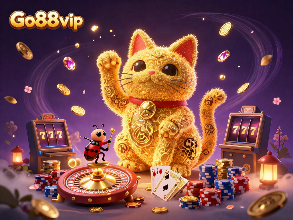 Experience the vibrant Go88 vip scene with a lucky cat, golden coins, and casino excitement.