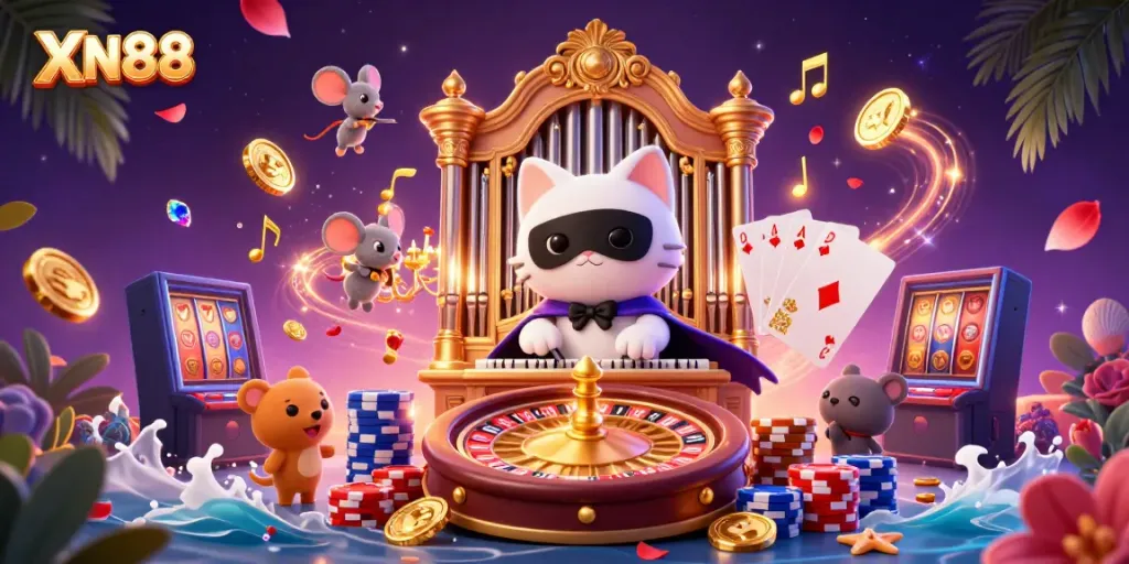 Experience the magic of XN88 with a vibrant 3D illustration of a casino scene full of winning elements.
