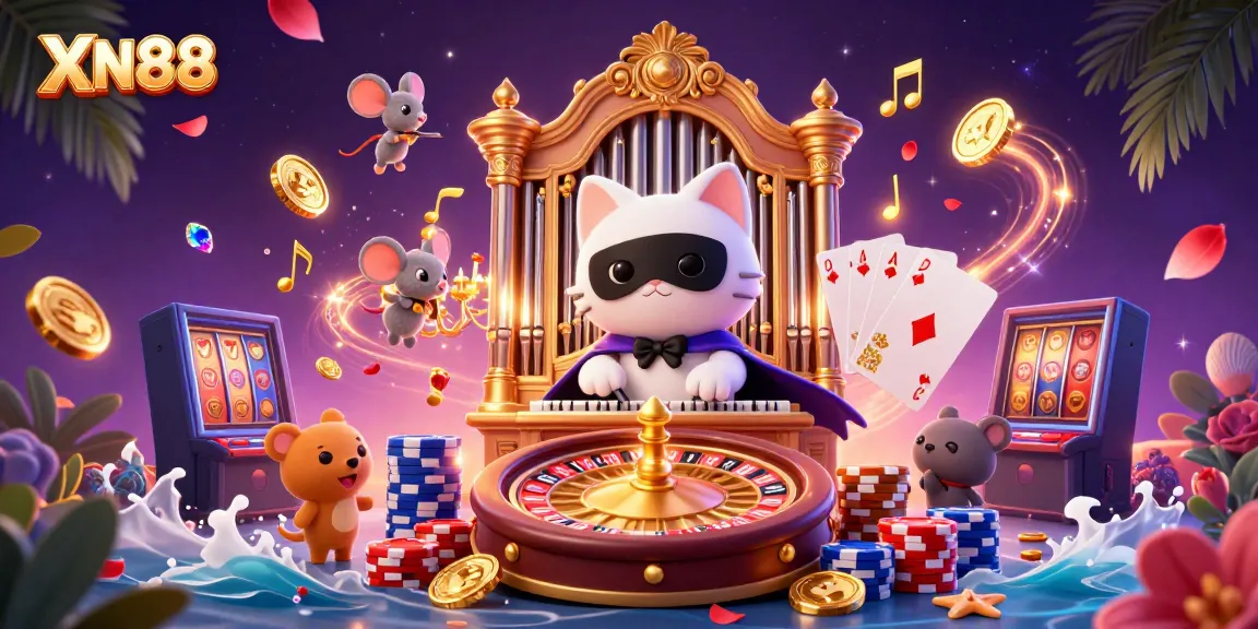 Experience the magic of XN88 with a vibrant 3D illustration of a casino scene full of winning elements.