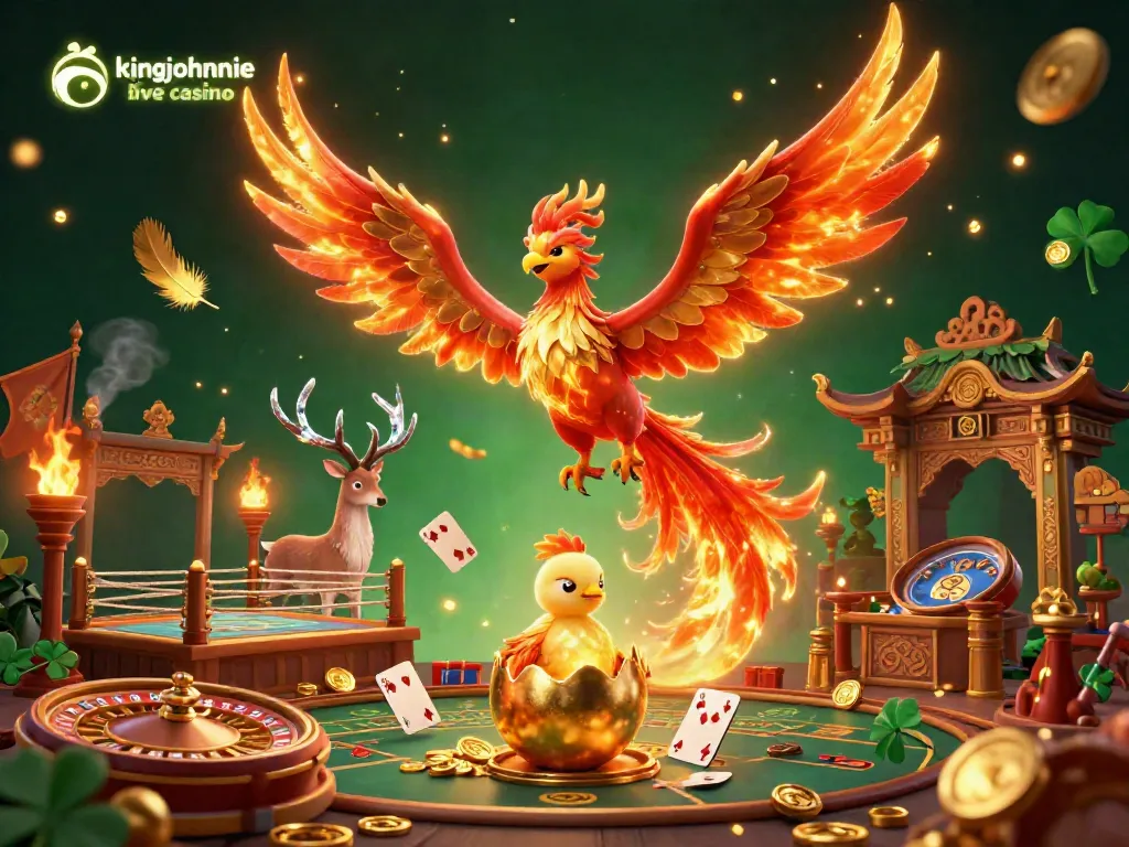 Experience the thrill of kingjohnnie live casino with vibrant 3D phoenix and casino elements.