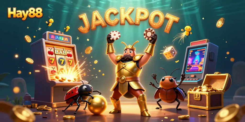 Experience casino excitement with Hay88's vibrant gaming scene featuring dynamic characters and jackpot symbols.