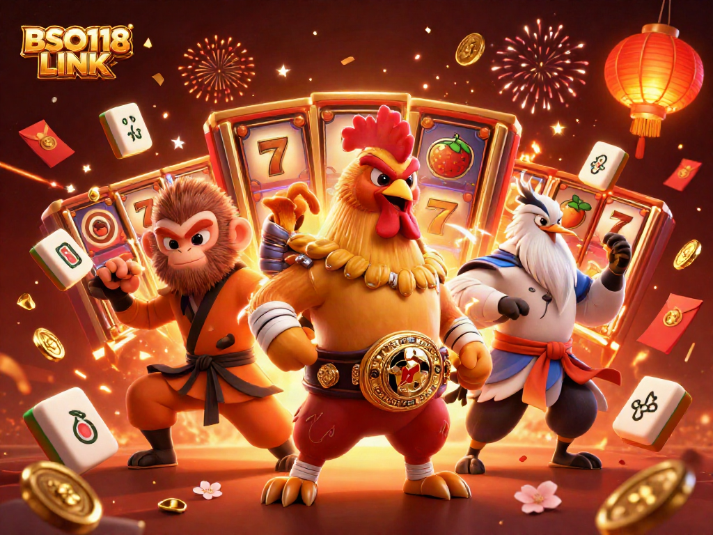 Experience wins with BSO118 LINK amidst a vibrant 3D casino scene filled with celebration and fortune.