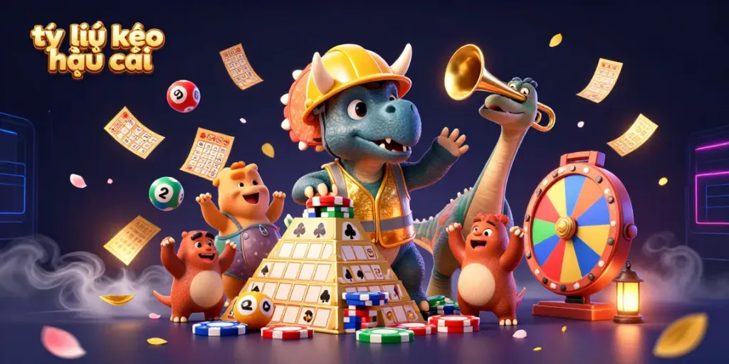 Experience the engaging scene of tỷ lệ kèo nhà cái with dynamic lottery elements and cheerful characters celebrating together.