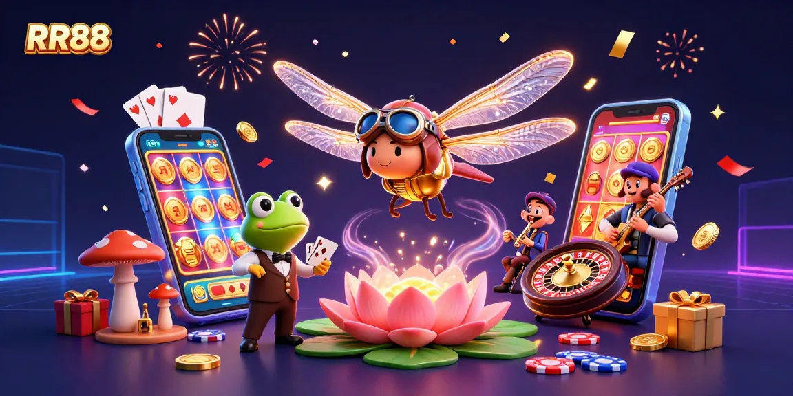 RR88 showcases a vibrant scene with a dragonfly pilot and frog dealer at a lively lily pad casino.