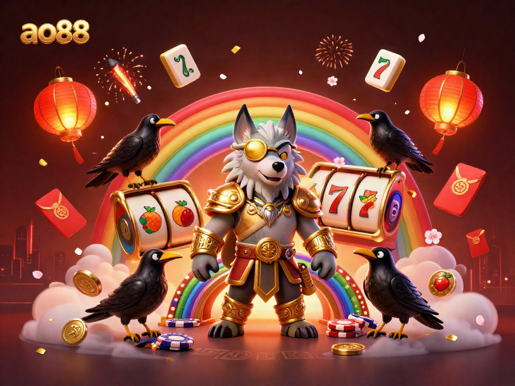 Win big with ao88 at the vibrant casino chip rainbow bridge, featuring Odin inspired characters.