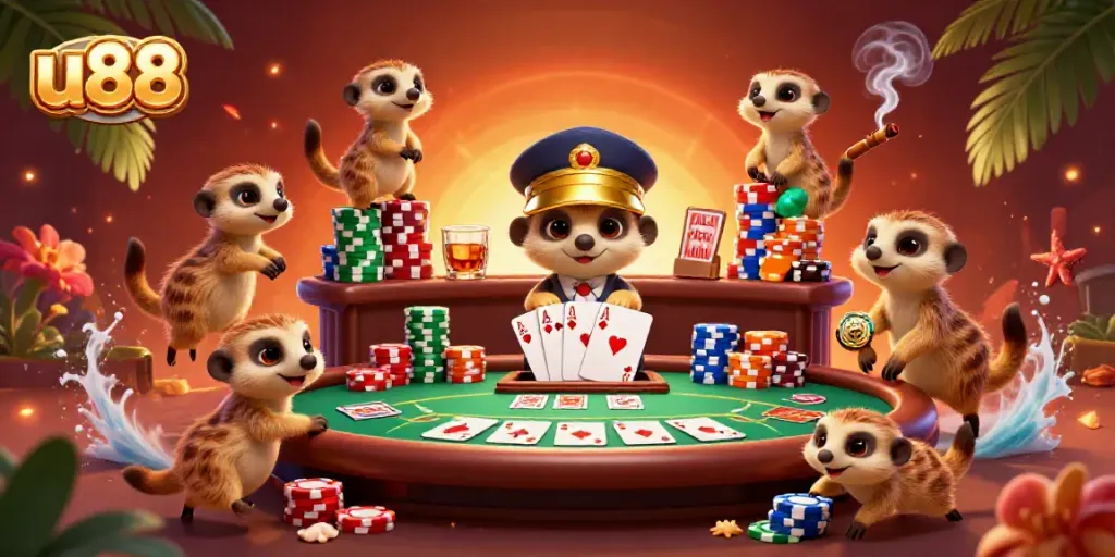 Experience thrilling gameplay at u88 with a vibrant meerkat casino scene featuring poker and colorful chips.