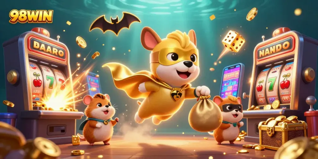 Experience thrilling wins with 98WIN in this exciting casino scene featuring vibrant jackpots and animated characters.