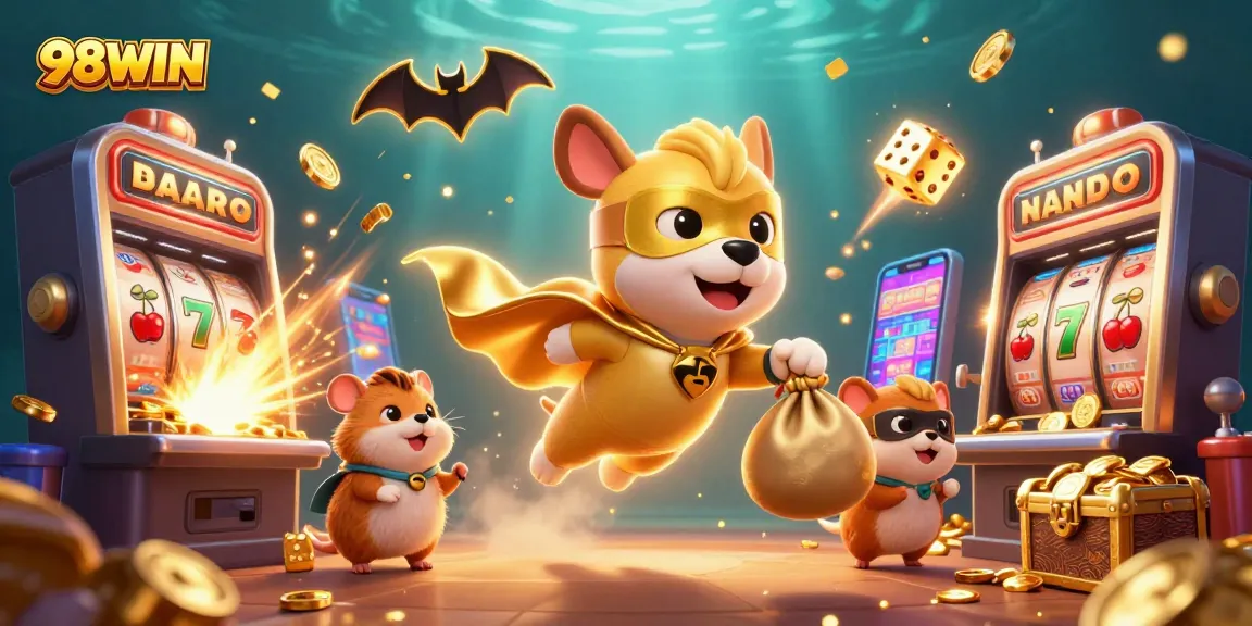 Experience thrilling wins with 98WIN in this exciting casino scene featuring vibrant jackpots and animated characters.
