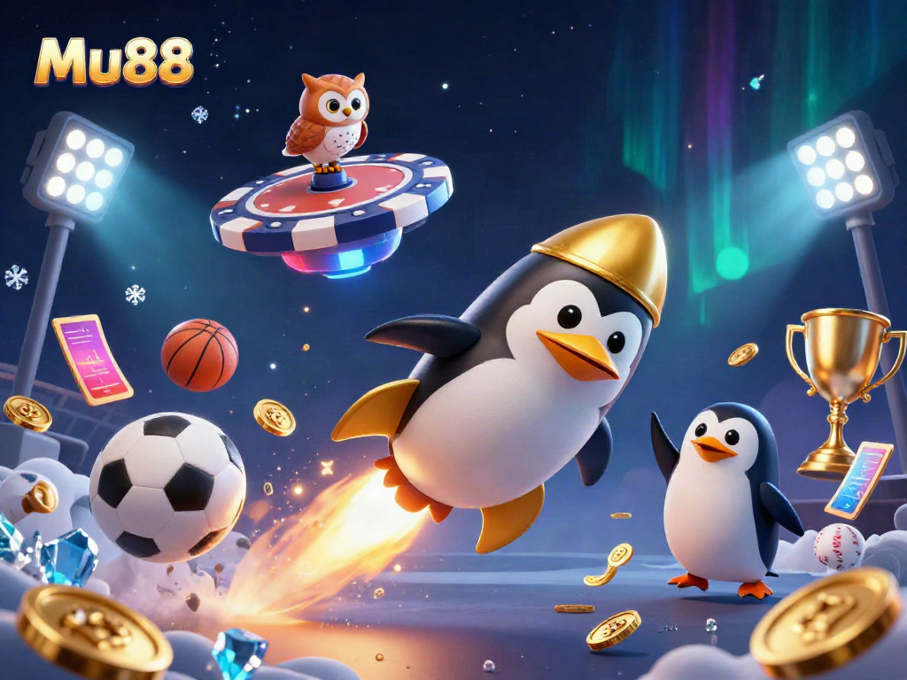 Mu88's captivating penguin character showcases thrilling online gaming with vibrant sports elements.