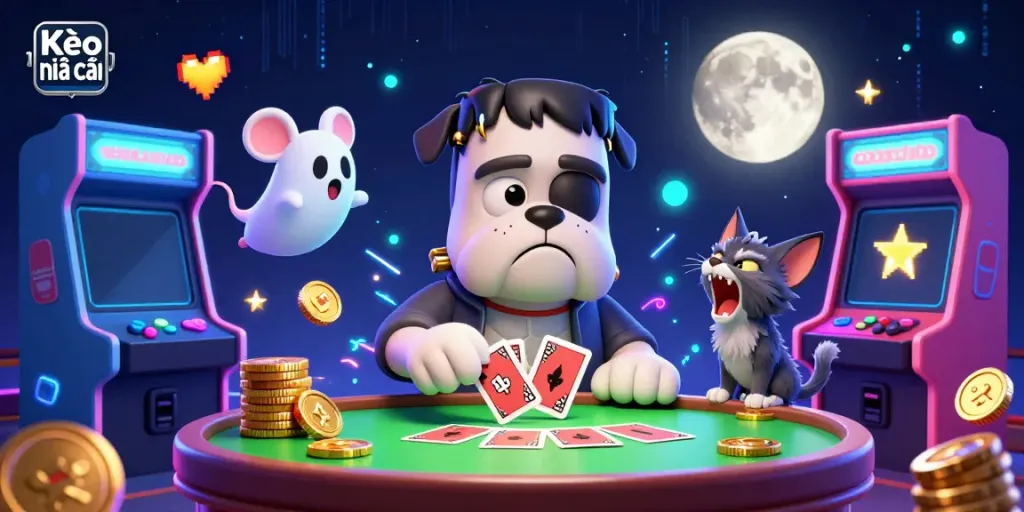 Kèo nhà cái scene with a cartoon bulldog dealing cards, a ghost mouse, and a werewolf kitten in a dynamic gaming environment.