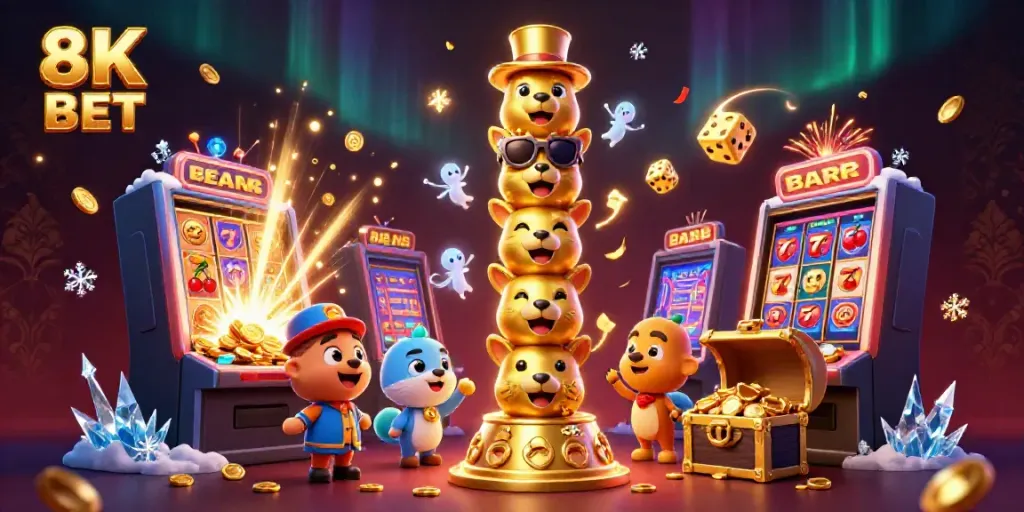 8K BET showcases an exciting casino lifestyle with vibrant slot machines bursting with winnings.