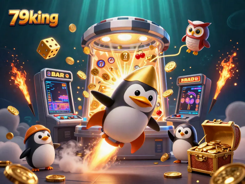 Experience thrilling 79king casino gaming with a vibrant scene of a golden penguin and jackpot explosion.