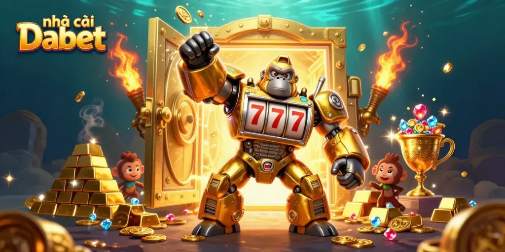 Experience the excitement at nhà cái Dabet with a golden gorilla mech and dazzling treasures.