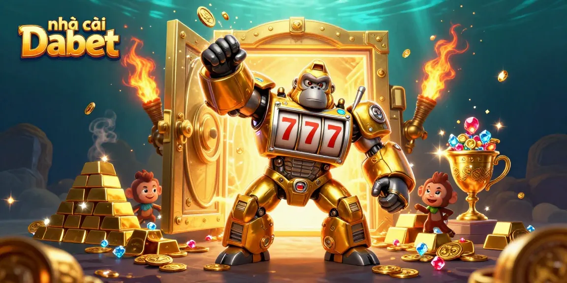 Experience the excitement at nhà cái Dabet with a golden gorilla mech and dazzling treasures.
