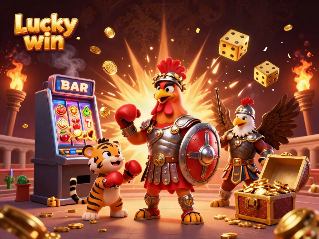 Experience the excitement at Lucky win with a vivid jackpot scene featuring a rooster warrior, tiger cub, and casino elements.