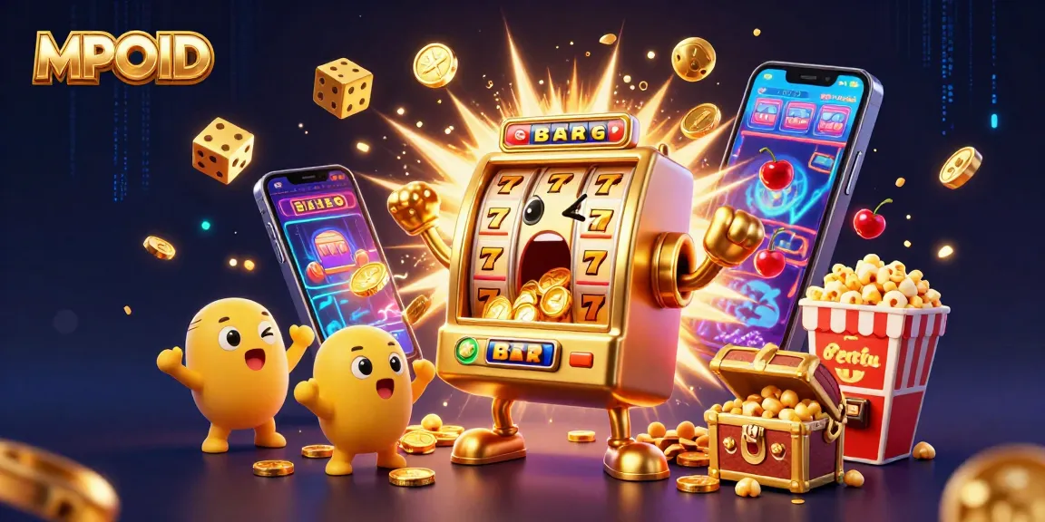 MPOID slot machine hits a jackpot, showering coins while baby machines cheer in a vibrant casino scene.