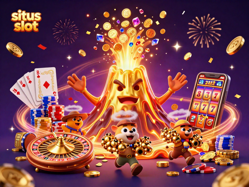 Experience spinning rewards with situs slot in this vibrant 3D casino scene filled with treasures.