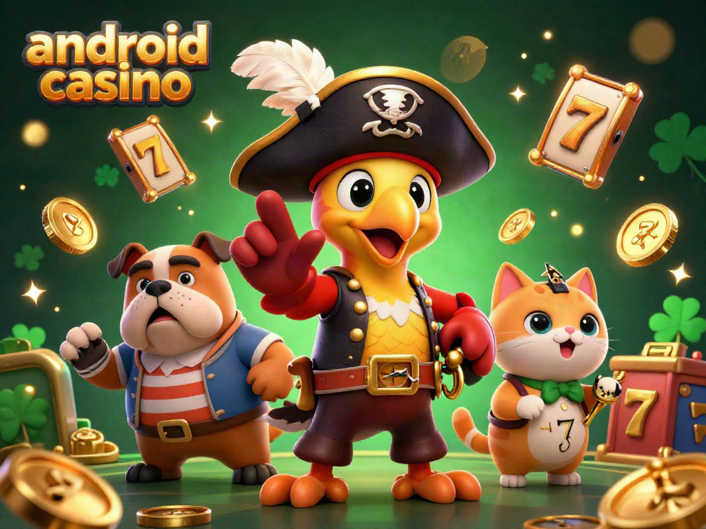 Experience the thrill of the android casino with colorful pirate-themed characters and casino symbols in action.
